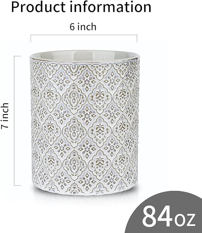 KOOV Kitchen Utensil Holder, Large Utensil Holders for Countertop, 6 x 7 Inches Ceramic Utensil Crock, Deep and Stable, Cooking Utensil Holder, Embossed Pattern, White