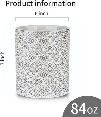 KOOV Kitchen Utensil Holder, Large Utensil Holders for Countertop, 6 x 7 Inches Ceramic Utensil Crock, Deep and Stable, Cooking Utensil Holder, Embossed Pattern, White
