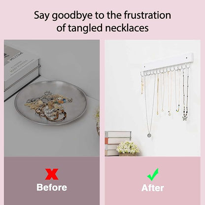 SCUNDA Hanging Jewelry Organizer Wall Mounted, Modern Jewelry Display with 28 Hooks, Decorative Necklace Holder for Wall, Space Saving Necklace Hooks, (2 Packs, White)