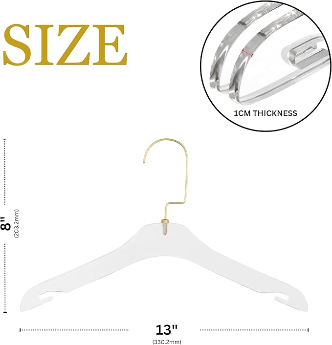HomeCube USA Clear Acrylic Clothes Hangers with Gold Hooks – Heavy Duty Lucite Design, Elegant & Sturdy for Sweaters, Suits, Jackets, Shirts, Dresses & Boutique Use (5, Small 13")