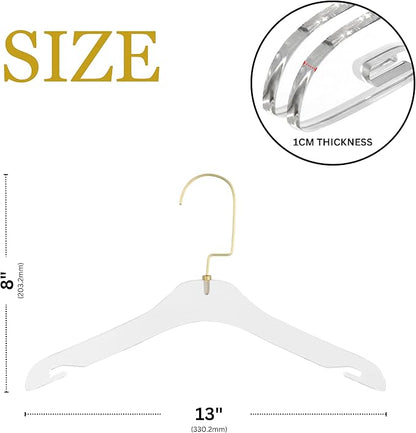 HomeCube USA Clear Acrylic Clothes Hangers with Gold Hooks – Heavy Duty Lucite Design, Elegant & Sturdy for Sweaters, Suits, Jackets, Shirts, Dresses & Boutique Use (20, Small 13")