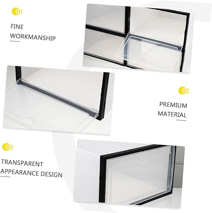Lurrose 4pcs Thickened Plastic Shoe Boxes for Home Use Stackable Shoe Storage Containers with Capacity and Dustproof Design Black Frame White Female Style Organizer