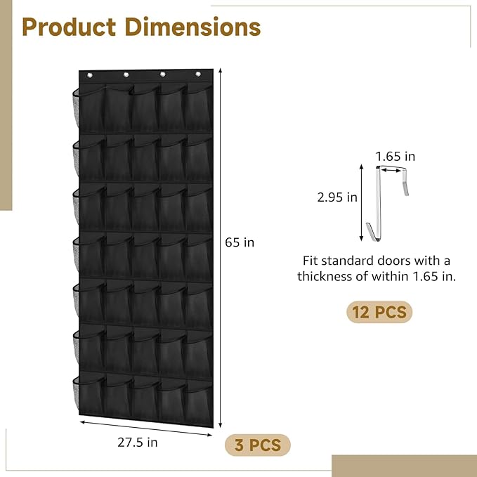 3 Pcs Over the Door Shoe Organizers, 35 Pockets Large Hanging Storage Bags, Space-saving Non-Woven Mesh Shoe Racks, Hanging Storage Holders for Shoes, Boots, 27.5×65", Fits Standard Doors