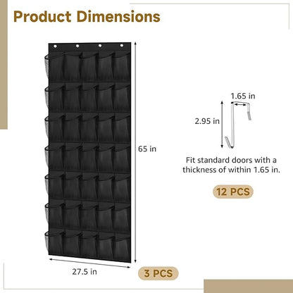 3 Pcs Over the Door Shoe Organizers, 35 Pockets Large Hanging Storage Bags, Space-saving Non-Woven Mesh Shoe Racks, Hanging Storage Holders for Shoes, Boots, 27.5×65", Fits Standard Doors
