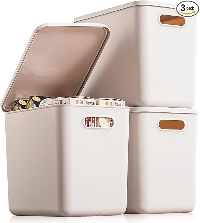 Plastic Storage Bins with lids,Storage Baskets,Container with handle,Storage Organizer Bins for Shelves,Office,Bedrooms,Closets, Cabinets(Gray,3L)