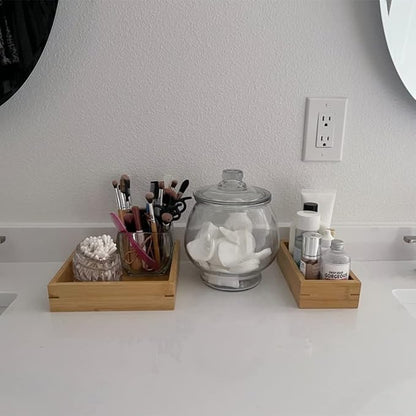 Natural Bamboo Vanity Organizer Set - Wooden Bathroom/Kitchen Countertop Tray, Set of 3