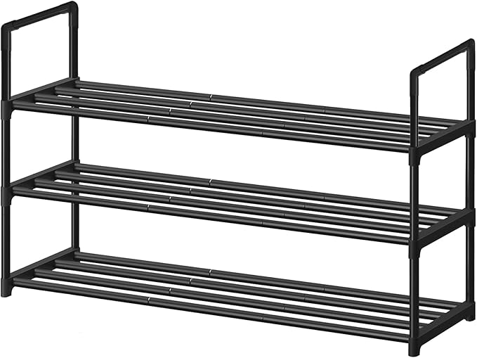 Shoe Rack - Metal Shoe Rack Organizer - Stackable Shoe Storage Shelf for Entryway, Closet, Bathroom 30cm(D) x 92cm(W) x 55cm(H) -Black (3-Tier)