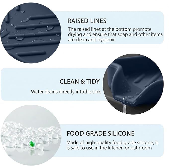 MicoYang Silicone Bathroom Soap Dishes with Drain Spout-Kitchen Sink Organizer,Sponge Holder,Dish Soap Tray,Perfect for Dispenser,Scrubber,Bottle,Cup on Sink or Counter-Navy Blue 4.9"×3.2"