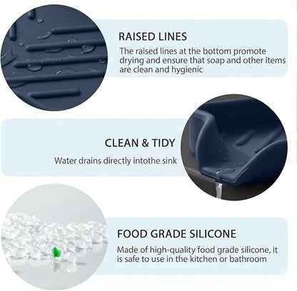MicoYang Silicone Bathroom Soap Dishes with Drain Spout-Kitchen Sink Organizer,Sponge Holder,Dish Soap Tray,Perfect for Dispenser,Scrubber,Bottle,Cup on Sink or Counter-Navy Blue 4.9"×3.2"