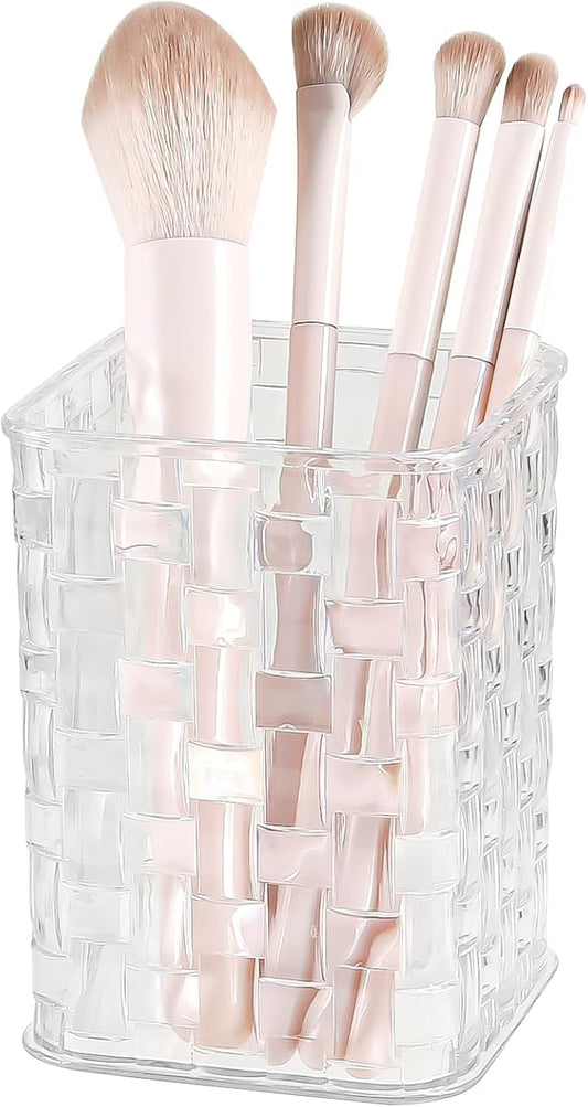 DASITON Makeup Brush Holder Organizer, Acrylic Makeup Brushes Storage Cup, Woven Texture Make Up Brush Holder for Vanity Bathroom Office, Pen Holder for Desk, Cosmetic Display Cases (Clear S)