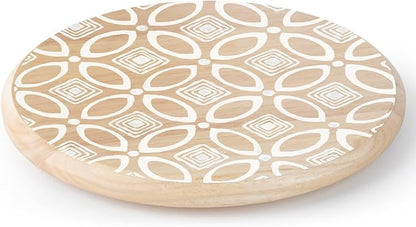 CounterArt Decorative Round Natural Wood Lazy Susan Turntable 14" Diameter Condiment Caddy, Cheese Server, Cake Plate, Spice Organization (White Geometric)