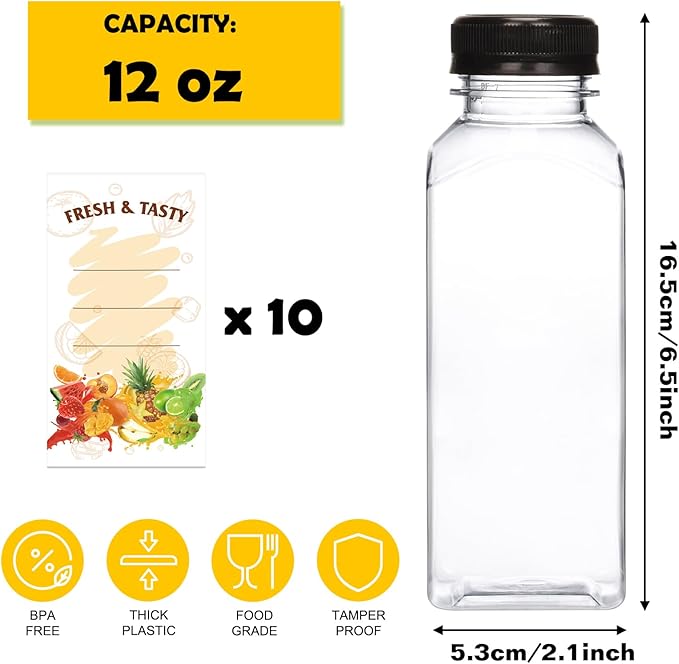 BAKHUK 10pcs 12oz Empty Plastic Juice Bottles with Caps, Plastic Water Bottles with Lids, Reusable Clear Bulk Beverage Containers for Juice, Milk and Other Beverages