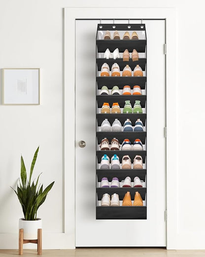 AOODA 10 Tier Clear Over the Door Shoe Organizer Storage, Deep Pockets Large Hanging Shoe Rack for Closet Door, Fit 20 Pairs Shoe Holder Hanger for Sneakers, Boots (Black)