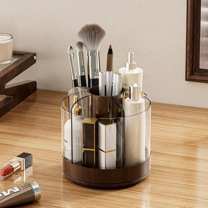 Makeup Brush Holder 360° Rotating 6 Slot Multi-Compartment Storage, Acrylic Spinning Organizer for Cosmetics Nail Polish Combs, Bathroom Vanity Desktop Organizer (Dark Woodgrain)