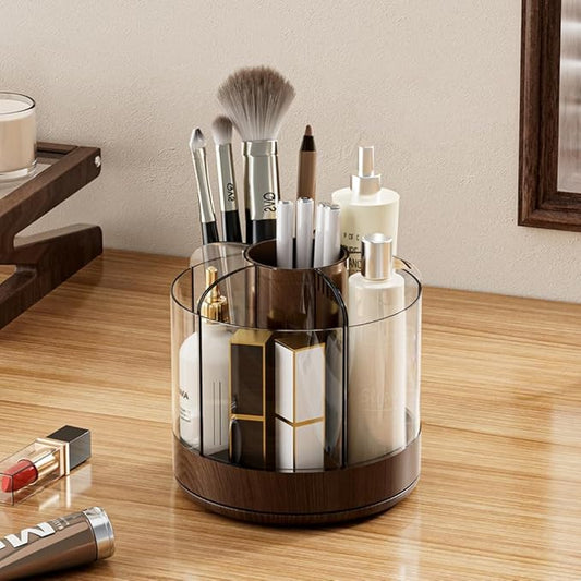 Makeup Brush Holder 360° Rotating 6 Slot Multi-Compartment Storage, Acrylic Spinning Organizer for Cosmetics Nail Polish Combs, Bathroom Vanity Desktop Organizer (Dark Woodgrain)