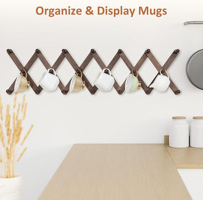 Accordion Wall Hanger, Hat Rack for Wall with 20 Coat Hooks, Expandable Hat Hangers Organizer, Vintage Decorative Coat Rack Wall Mount for Purse, Mug (Brown)