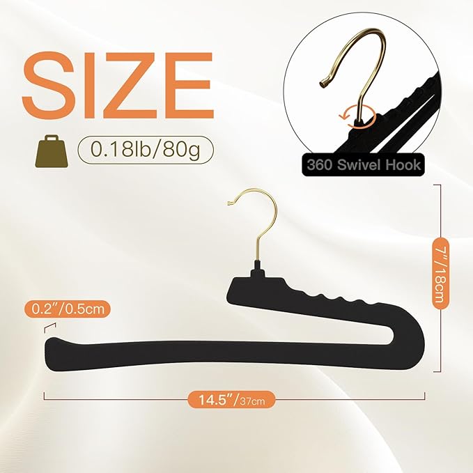 Flottian 20 Pack Velvet Pants Hangers - Open Ended Non-Slip Heavy Duty Closet Organizers with 360° Swivel Hook, Space-Saving Felt Hangers for Pants, Jeans, Dresses & Towels, Black