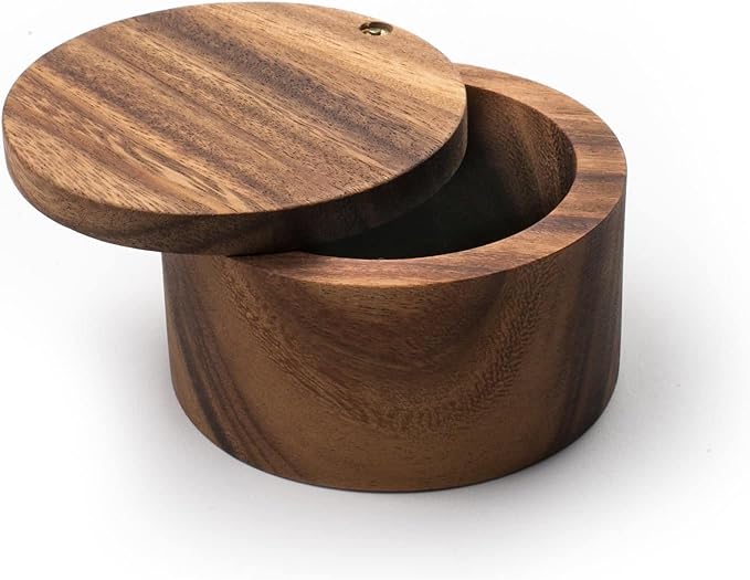 KH Acacia Wood Salt or Spice Box with Swivel Cover perfect for keeping table salt, Salt Cellers, gourmet salts, herbs or favorite seasonings, 3.5 (dia) x 2.5 Inch (height)