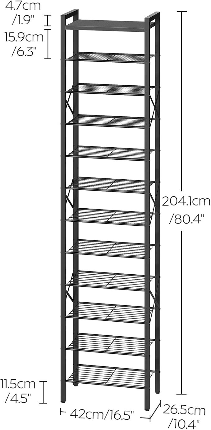 YATINEY 12-Tier Narrow Shoe Rack, Tall Shoe Rack for 12-24 Pairs, Slim Shoe Storage Organizer with Wooden Top, Space Saving, Metal Frame, for Entryway, Black SS61BB