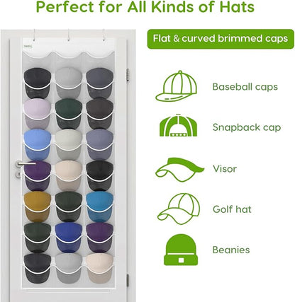Baseball Hat Rack, 24 Pocket Over-The-Door Hat Organizer with Clear Deep Pockets to Display Baseball Caps Collection, Complete with 3 Over Door Hooks (White, 24 Pockets)