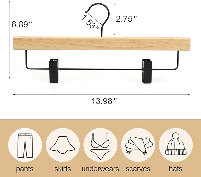 TOPIA HANGER Pants Hangers 20 Pack, Wooden Clothes Hangers with Black Clips and Rotatable Hook, Durable Natural Rubber Wood Hangers for Skirts, Pants, Jeans, Shorts - CTS05N