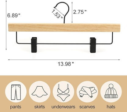 TOPIA HANGER Pants Hangers 20 Pack, Wooden Clothes Hangers with Black Clips and Rotatable Hook, Durable Natural Rubber Wood Hangers for Skirts, Pants, Jeans, Shorts - CTS05N