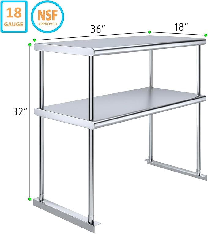 36" x18" NSF Stainless Steel Double Overshelf | 18-Gauge Heavy-Duty | Includes Brackets