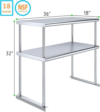 36" x18" NSF Stainless Steel Double Overshelf | 18-Gauge Heavy-Duty | Includes Brackets