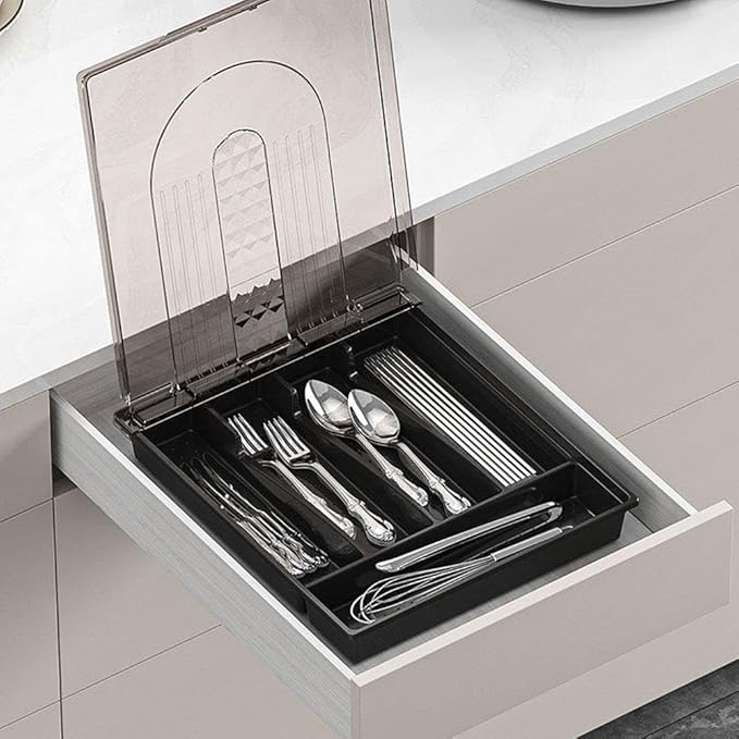 Utensil Tray with Lid, 6 Compartments Covered Silverware Organizer Case for Spoons Forks, Plastic Cutlery and Flatware Storage Box for Kitchen Drawer and Countertop(Gray)