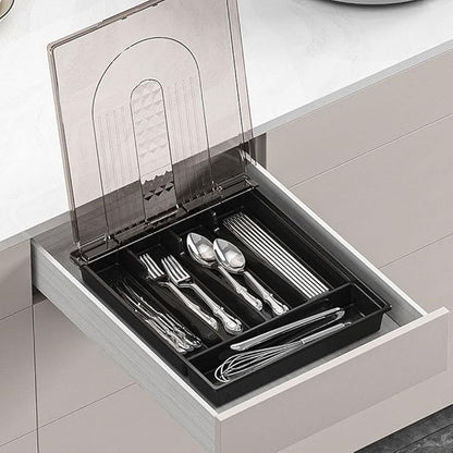 Utensil Tray with Lid, 6 Compartments Covered Silverware Organizer Case for Spoons Forks, Plastic Cutlery and Flatware Storage Box for Kitchen Drawer and Countertop(Gray)