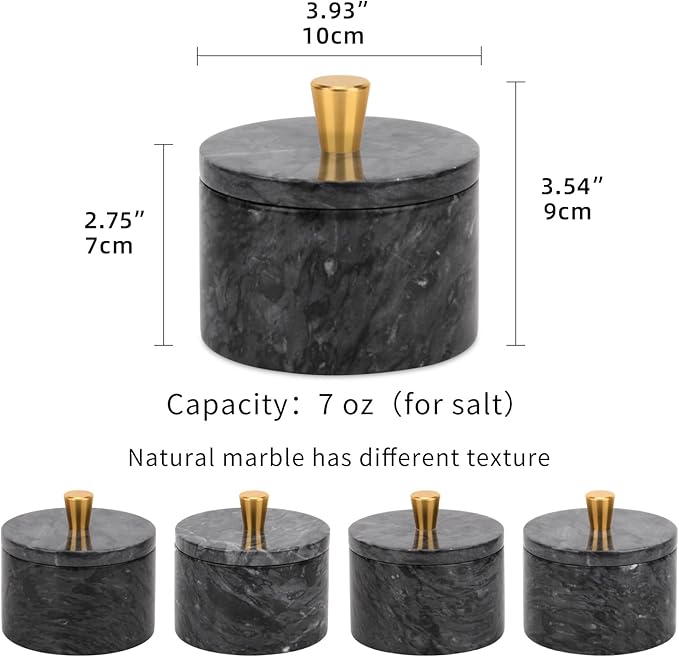 Marble Salt Cellar with Lid, 4 inch Natural Stone Salt Pepper Box, Alloy Lid for Kitchen Countertop Storage (Dark Grey, 4 * 3.5)