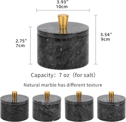 Marble Salt Cellar with Lid, 4 inch Natural Stone Salt Pepper Box, Alloy Lid for Kitchen Countertop Storage (Dark Grey, 4 * 3.5)