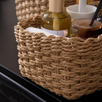 4PCS Woven Storage Baskets Set, Small Baskets for Organizing, Square Handwoven Paper Rope Organizer Bins for Shelves and Home Storage (Brown)