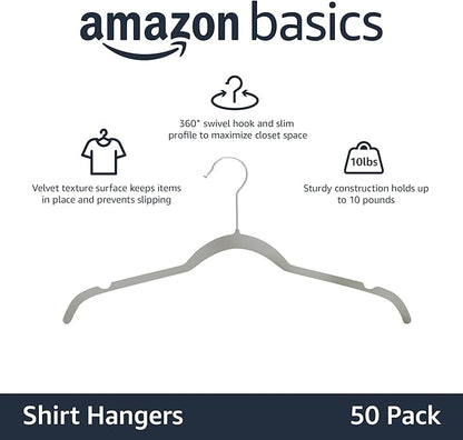 Amazon Basics Slim, Velvet, Non-Slip Shirt Clothes Hangers, Gray/Silver - Pack of 50