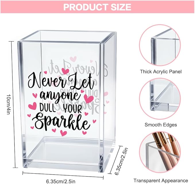 Never Let Anyone Dull Your Sparkle Acrylic Makeup Brush Organizer Holder, Girl Power Desk Acrylic Brushes Storage, Inspirational Quote Gifts for Women Friend Sister Make Up Artist Makeup Lover