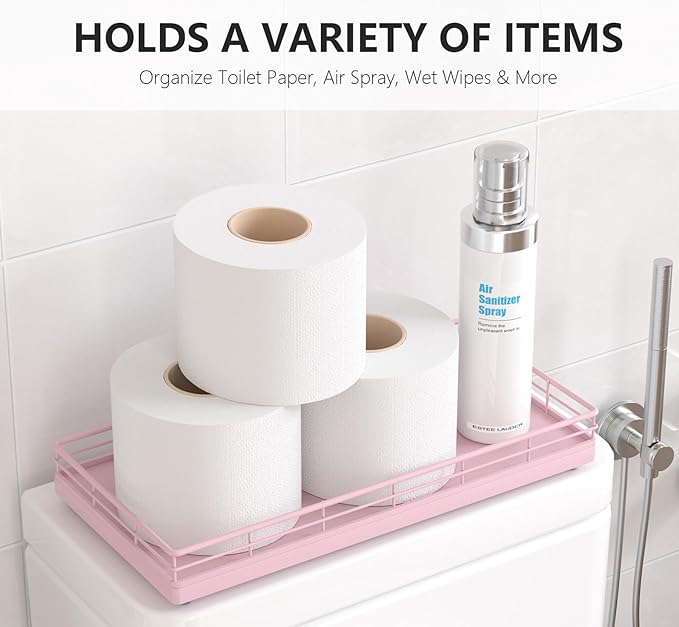 Toilet Paper Basket Organizer – Oak Wood Toilet Tank Tray with Metal Frame, Bathroom Counter Top Storage for Toilet Paper, Wipes & Decor, Modern Narrow Back of Tank Shelf Organizer, Pink
