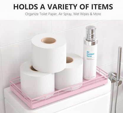 Toilet Paper Basket Organizer – Oak Wood Toilet Tank Tray with Metal Frame, Bathroom Counter Top Storage for Toilet Paper, Wipes & Decor, Modern Narrow Back of Tank Shelf Organizer, Pink
