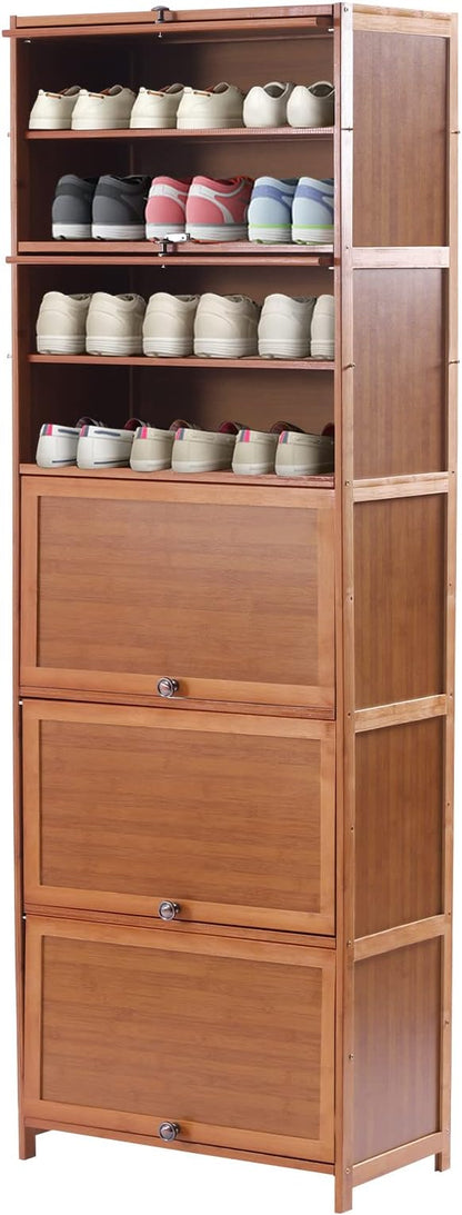 10 Tiers Shoe Storage Cabinet with Doors Tall Bamboo Hidden Shoe Storage Freestanding Shoes Heels Sneakers Shelf Rack 28 Pairs of Shoes Organizer Book Shelf for Entryway Hallway Living Room Bedroom