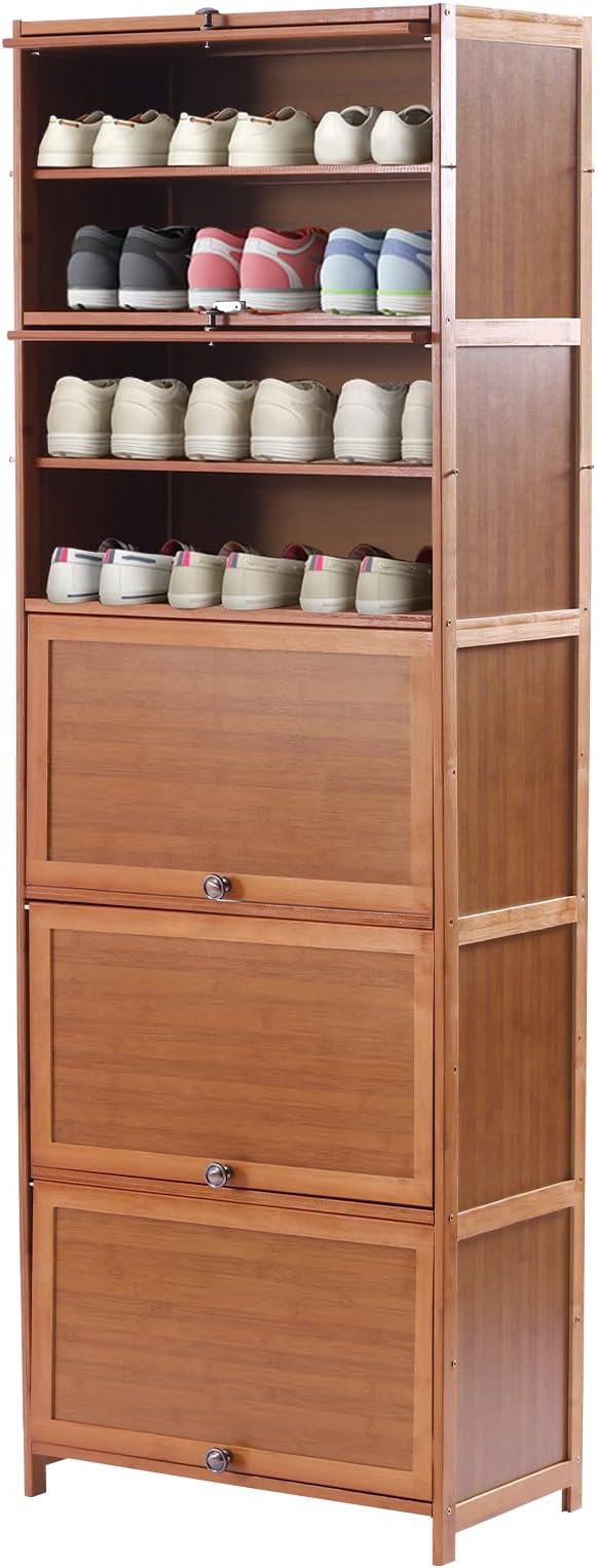 10 Tiers 20-Pair Shoe Storage Cabinet Tall Bamboo Hidden Shoe Storage Free Standing Shoe Rack with Concealed Sliding Doors for Living Room Entrance and Bedroom