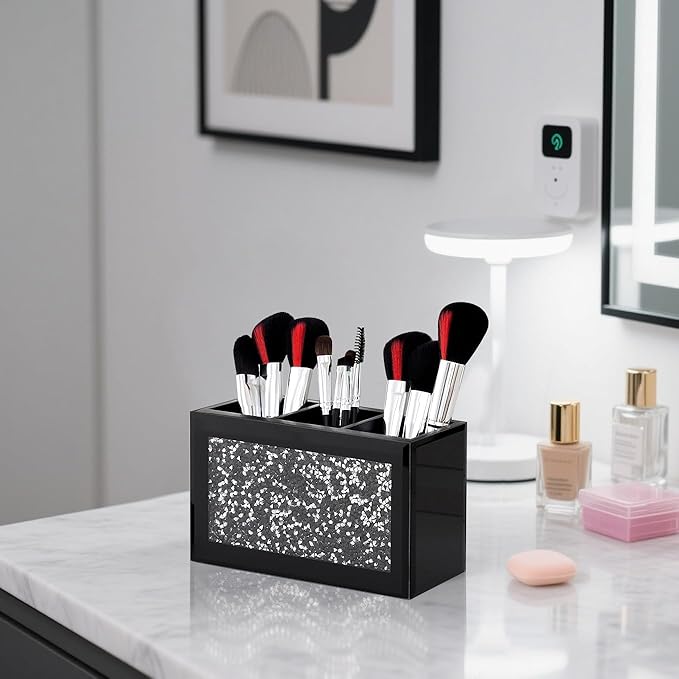 SHYFOY Black Makeup Brush Holder Organizer, 3 Slots Glass Cosmetic Brushes Storage with Crushed Diamond, Pencil Pen Holder for Desk, Desk Organizer and Accessories for Vanity