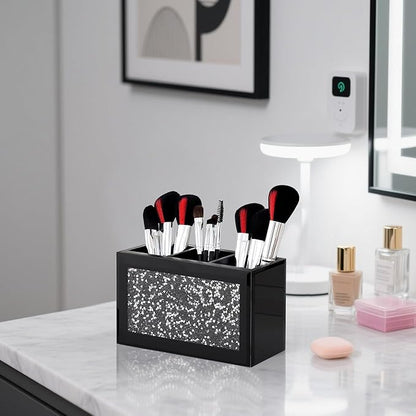 SHYFOY Black Makeup Brush Holder Organizer, 3 Slots Glass Cosmetic Brushes Storage with Crushed Diamond, Pencil Pen Holder for Desk, Desk Organizer and Accessories for Vanity