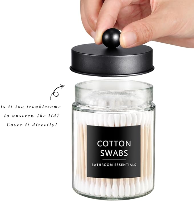 SheeChung 2-Pack Qtip Holder Dispenser-Glass Apothecary Jars with Rust-Proof Stainless Steel Lids-Modern Rustic Bathroom Vanity Organizer for Cotton Swabs, Balls, Pads(Black&Oil Rubbed Bronze)