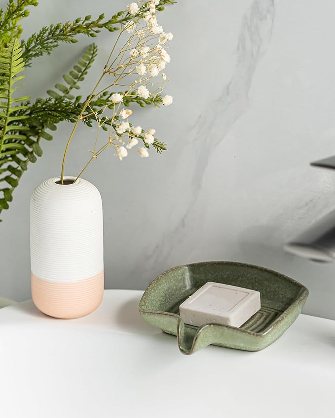 Self Draining Soap Dish, Ceramic Drain Soap Holder Waterfall Design Soap Saver for Shower, Bathroom, Sink, Kitchen and Countertop, Keeps Dry, Green
