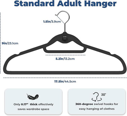 Black Velvet Hangers 50 Pack, Felt Covered Non Slip Fabric with Stackable Cascading Hook, Ultra Thin and Space Saving with 360° Swivel Neck, 15Lbs Capacity for Clothes, Suit, Shirt, Coat