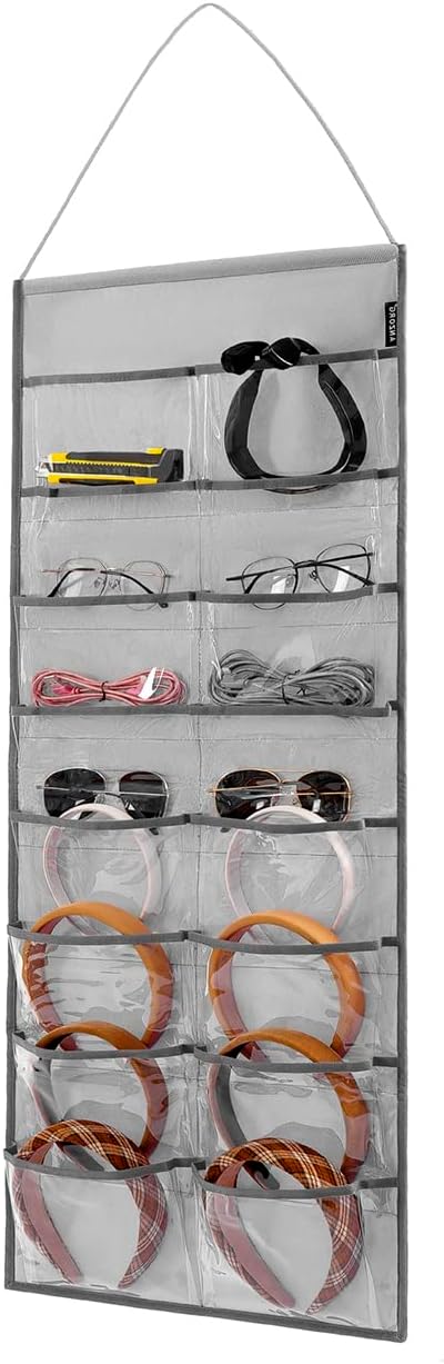 Wall Hanging Headband Organizer Ribbon Hair Hoops Storage Hairbands Hair Accessory Holder with Clear Pockets (GREY-16 POCKETS)