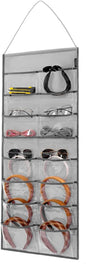 Wall Hanging Headband Organizer Ribbon Hair Hoops Storage Hairbands Hair Accessory Holder with Clear Pockets (GREY-16 POCKETS)