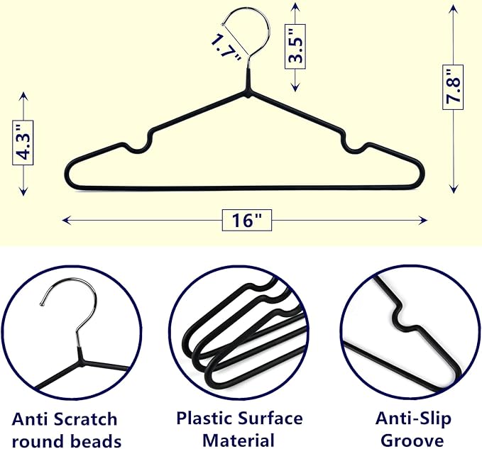 Amber Home 20 Pack Black Rubber Coated Metal Coat Hangers, 16" Non-Slip Clothes Hangers, Metal Hangers with Round Notches for Suit, Jacket, Shirt, Dress & Pants (Black)