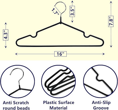 Amber Home 20 Pack Black Rubber Coated Metal Coat Hangers, 16" Non-Slip Clothes Hangers, Metal Hangers with Round Notches for Suit, Jacket, Shirt, Dress & Pants (Black)