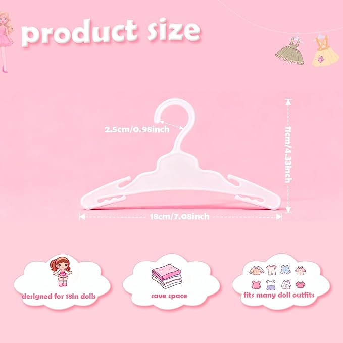 36 Pcs Doll Clothes Hangers for 18-Inch Dolls - Non-Slip, Space-Saving Wardrobe Accessories for Doll Gowns & Outfits (White)