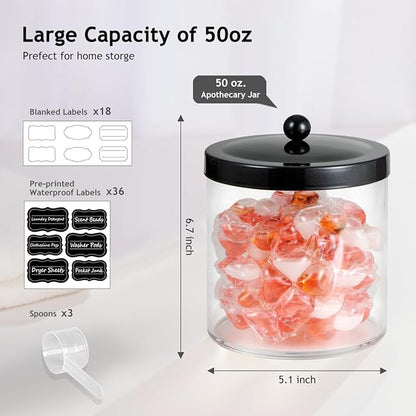 3 Pack 50 Oz Large Plastic Apothecary Jar with Black Stainless Steel Lid - Shatterproof Laundry Pods Container - Modern Industrial Bathroom & Kitchen Storage Organizer for Scent Beads, Bath Bombs